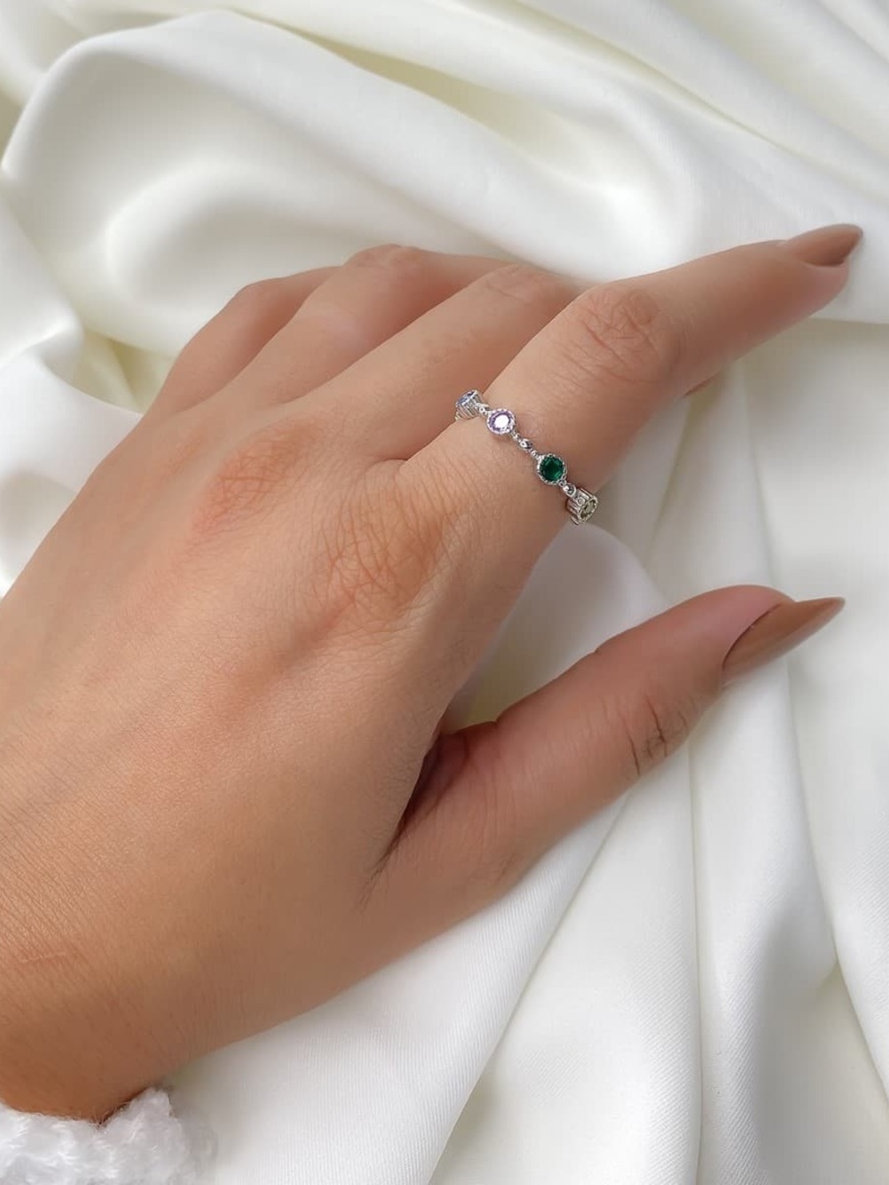 Sterling Silver Emerald and White Stone Stack Ring